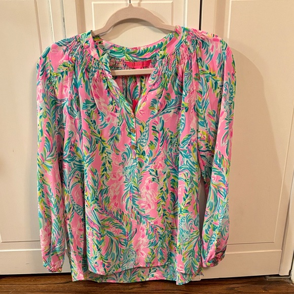 Lilly Pulitzer Pink and Green Floral Blouse - Picture 1 of 2